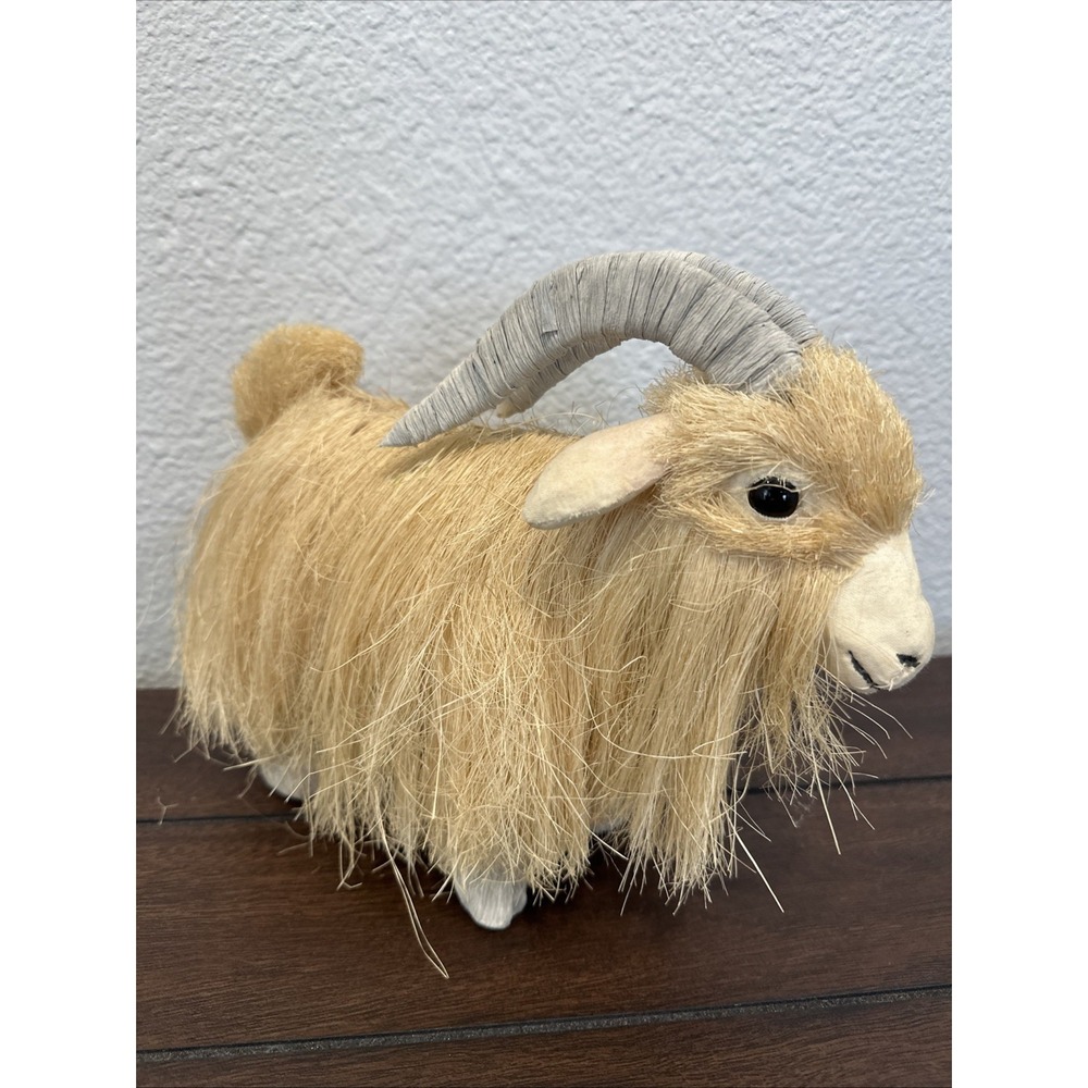 Vintage Sisal Grass Goat Figurine Shaggy Straw Faux Fur Farm Animal Decor Horns